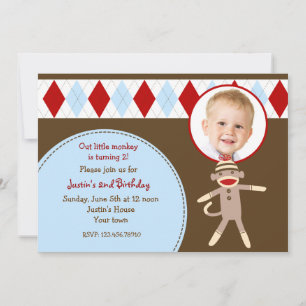 Sock Monkey Photo Birthday Party Invitations