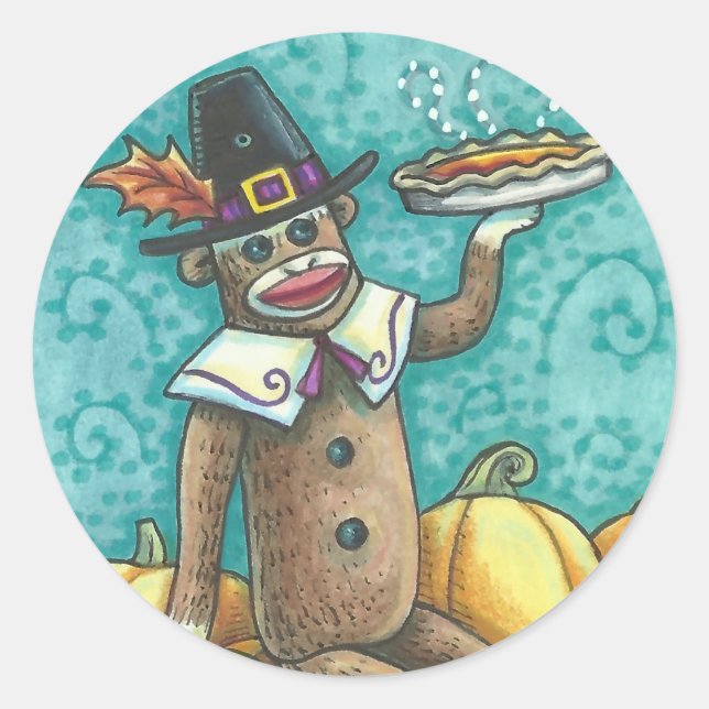 SOCK MONKEY PILGRIM THANKSGIVING STICKER SHEET Rnd (Front)