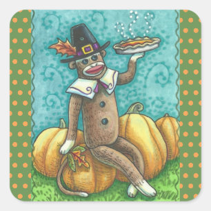 SOCK MONKEY PILGRIM THANKSGIVING STICKER SHEET Squ