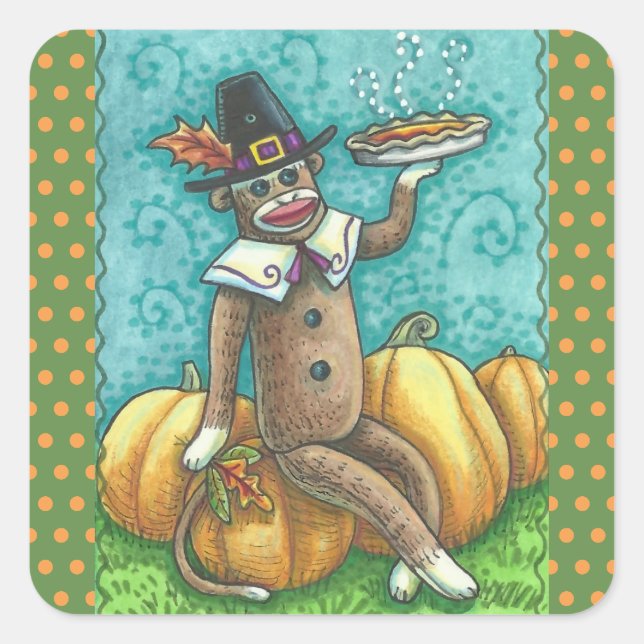 SOCK MONKEY PILGRIM THANKSGIVING STICKER SHEET Squ (Front)