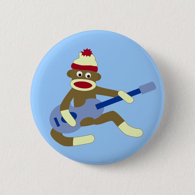 Sock Monkey Playing Blue Guitar 2 Inch Round Button (Front)