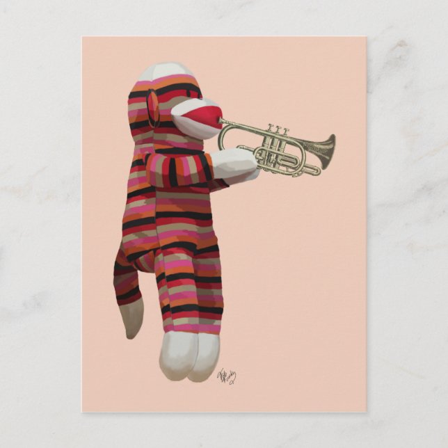 Sock Monkey Playing Trumpet 2 Postcard (Front)