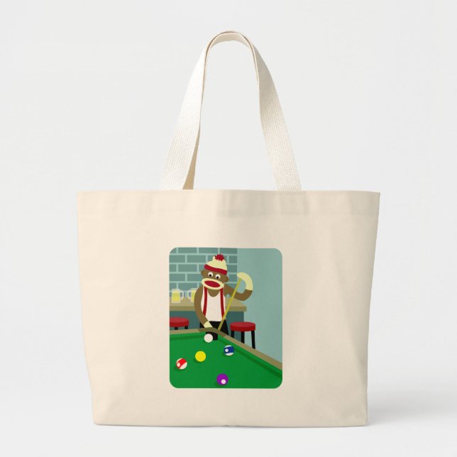 Sock Monkey Pool Billiards Player Large Tote Bag (Front)