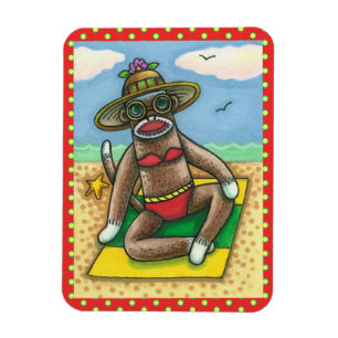 SOCK MONKEY RED BIKINI, AT THE BEACH CARTOON Funny Magnet