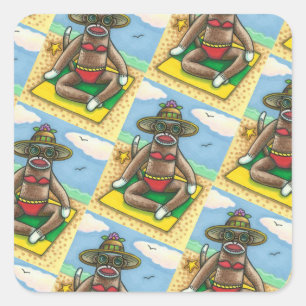 SOCK MONKEY RED BIKINI, AT THE BEACH CARTOON Funny Square Sticker