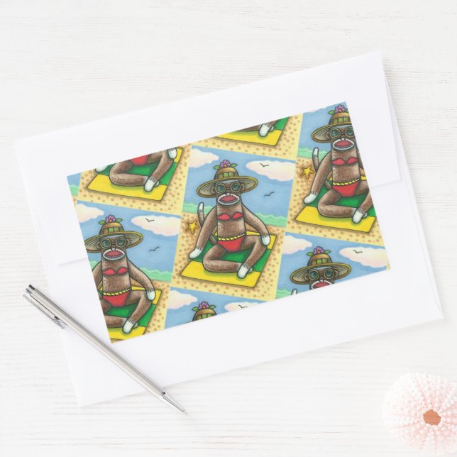 SOCK MONKEY RED BIKINI, AT THE BEACH CARTOON Funny Sticker (Envelope)