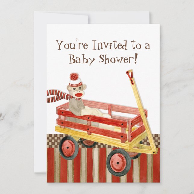 Sock Monkey, Red Wagon, Boy Baby shower Invitation (Devant)