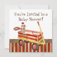 Sock Monkey, Red Wagon, Boy Baby Shower Invitation