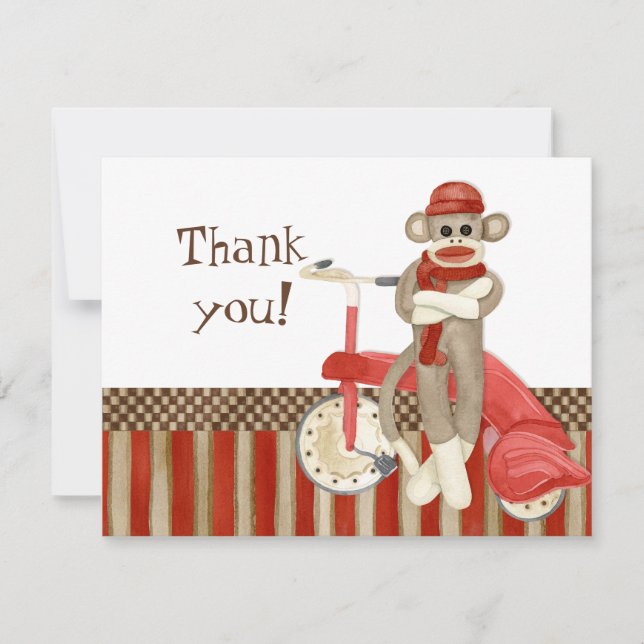 Sock Monkey Retro Tricycle, Thank You Note Cards (Front)