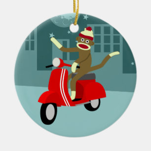 Sock Monkey Scooter Ceramic Ornament