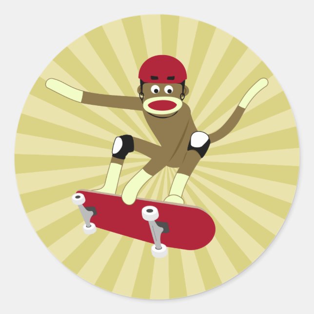 Sock Monkey Skateboarder Classic Round Sticker (Front)