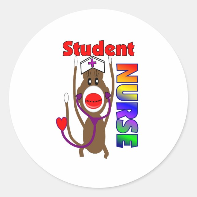 Sock Monkey Student Nurse Classic Round Sticker (Front)