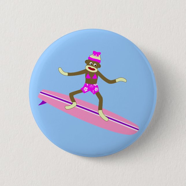 Sock Monkey Surfer Girl 2 Inch Round Button (Front)