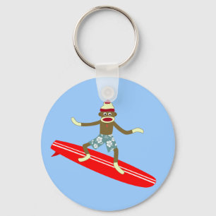 Sock Monkey Surfer Keychain