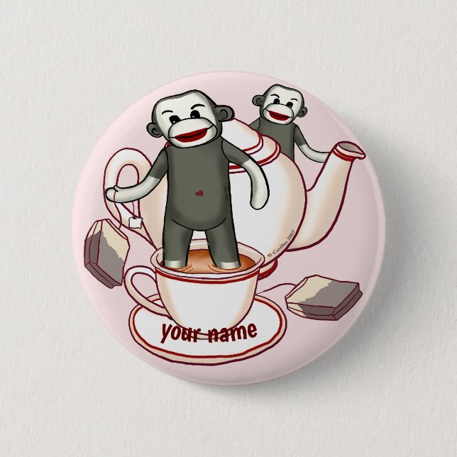 Sock Monkey Teapot  pin button (Front)