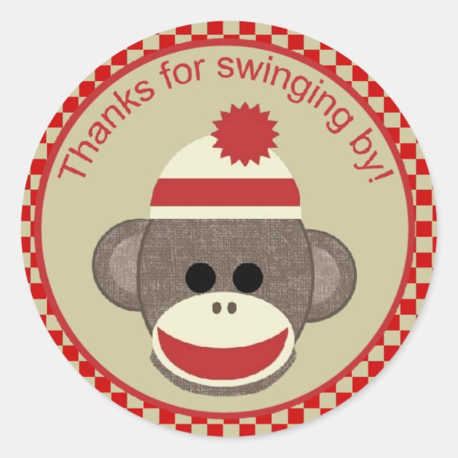 Sock Monkey thanks for swinging by sticker red (Front)