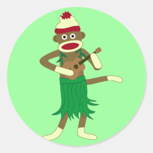 Sock Monkey Ukulele Classic Round Sticker