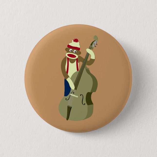 Sock Monkey Upright Bass Player 2 Inch Round Button (Front)