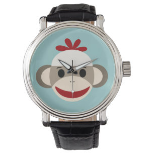 Sock Monkey Vintage Cuir noir bracelet montre