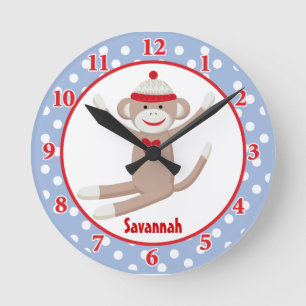 Sock Monkey Wall Clock (Blue) Add a Name