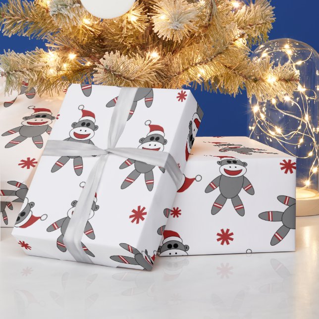 Sock Monkey Wearing Santa Hat Christmas Holidays Wrapping Paper (Holidays)