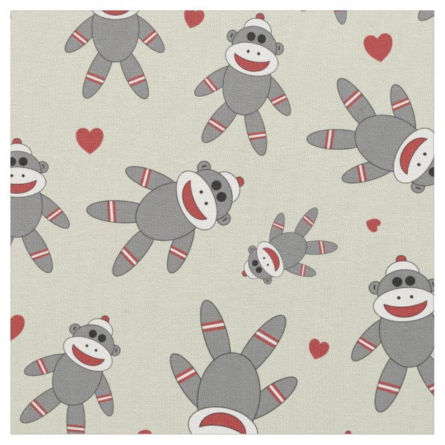 Sock Monkey With Hearts On Tan Fabric (Close Up)