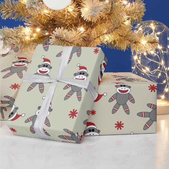 Sock Monkey With Santa Hat Christmas Holidays Wrapping Paper (Holidays)