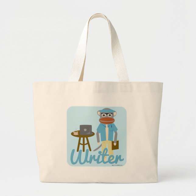 Sock Monkey Writer Cartoon Art Fun Style Large Tote Bag (Front)