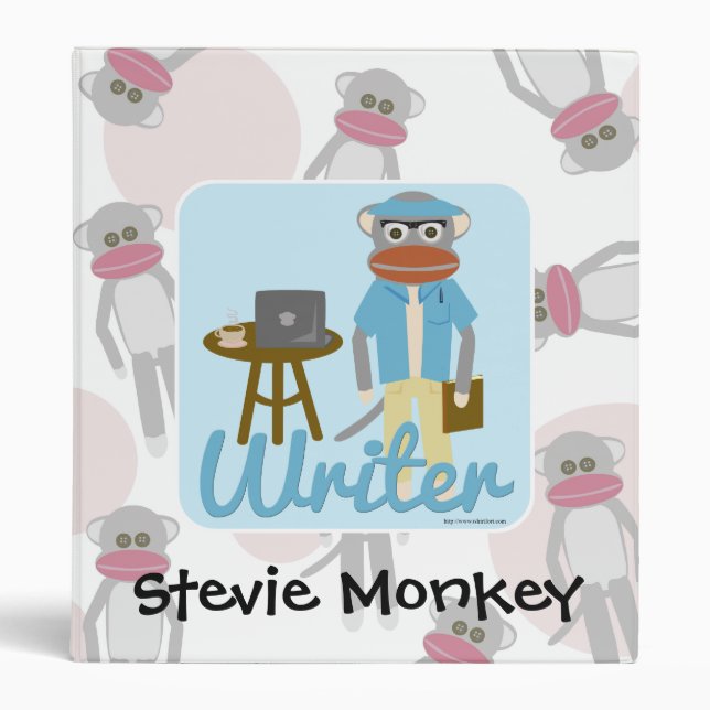 Sock Monkey Writer Deluxe Cartoon Design Binder (Front)