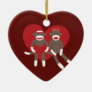 Sock Monkeys in Love Hearts Valentine's Day Gifts Ceramic Ornament