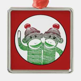 Sock Monkeys with Red Border Square Ornament