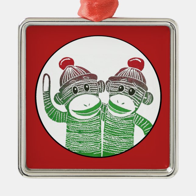 Sock Monkeys with Red Border Square Ornament (Front)
