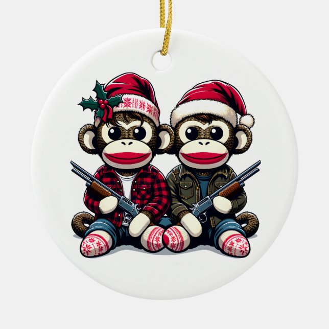 SockMonkey Hunter Brothers At Christmas Ceramic Ornament (Front)