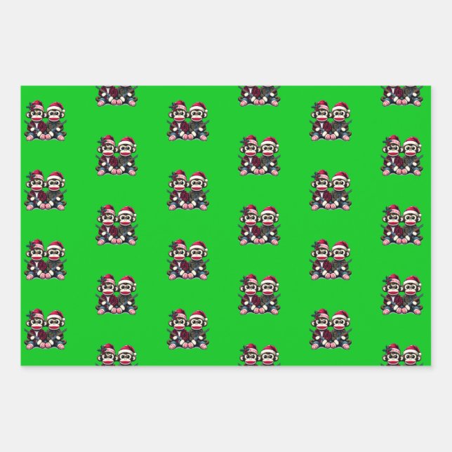 SockMonkey Hunter Brothers At Christmas Wrapping Paper Sheet (Front)