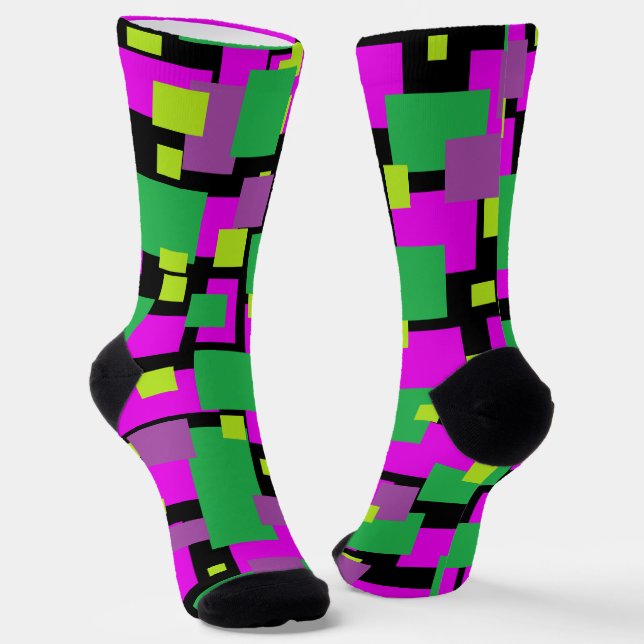 Socks with Black Green and Magenta Geometric Art (Angled)