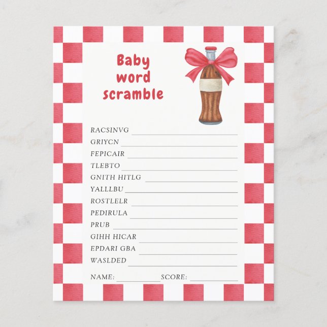 Soda baby shower Word scramble game (Front)