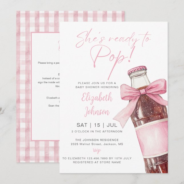 Soda Bottle Pink Bow Baby Shower All In One Invitation (Front/Back)