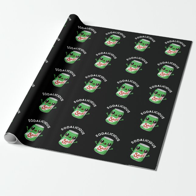 Soda-licious Funny Soda Pop Pun Dark BG Wrapping Paper (Unrolled)