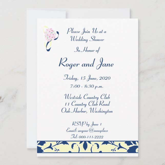 Sodalite Blue,Lemon, Damask Bridal Shower Card (Front)