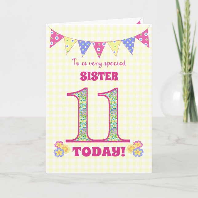 Soeur 11e Anniversaire Primroses et carte Bunting (Devant)
