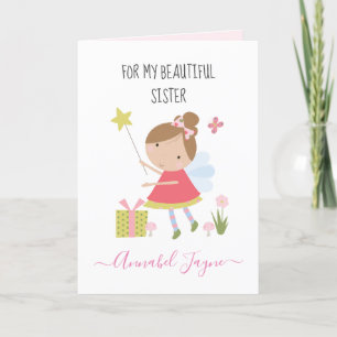 Soeur anniversaire fée filles carte blanche rose