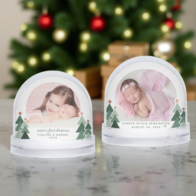 Soeurs premiers Noël Arbres rustiques 2 Photos (Sisters First Christmas Rustic Trees 2 Photos Snow Globe)