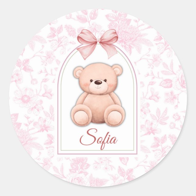 Sofia | Custom Pink Teddy Bear Nursery Design  Classic Round Sticker (Front)