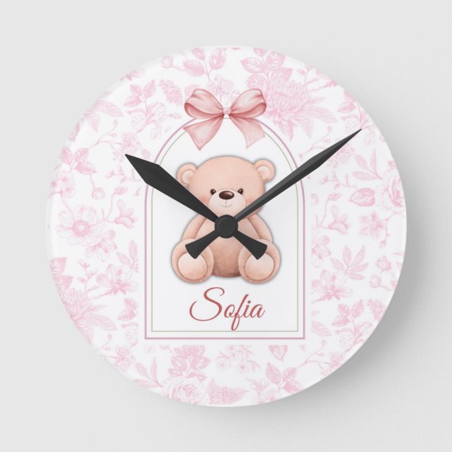 Sofia | Custom Pink Teddy Bear Nursery Design  Round Clock (Front)