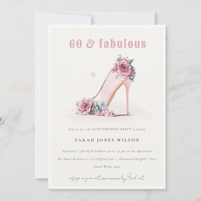Soft 60 Fabulous Blush High Heels Floral Birthday Invitation (Front)