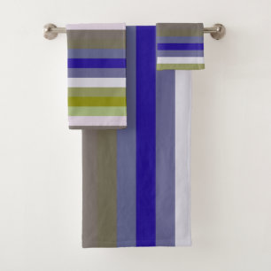 Soft 70s Avocado & Lilac Stripe Pattern Bath Towel Set