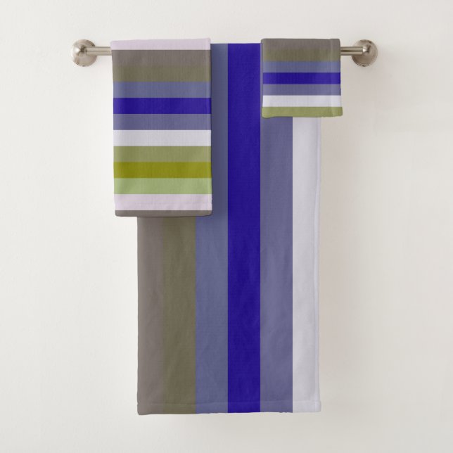 Soft 70s Avocado & Lilac Stripe Pattern Bath Towel Set (Insitu)