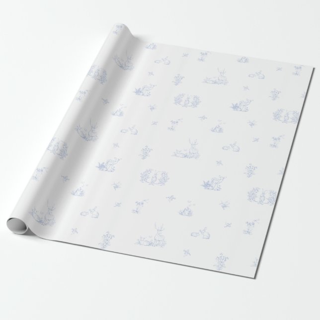 Soft and Faded Woodland Blue White Toile Gift Wrapping Paper (Unrolled)