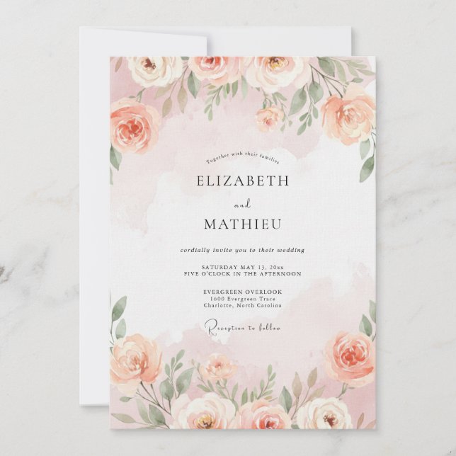Soft Apricot Ranunculus Eucalyptus Wedding Invitation (Front)