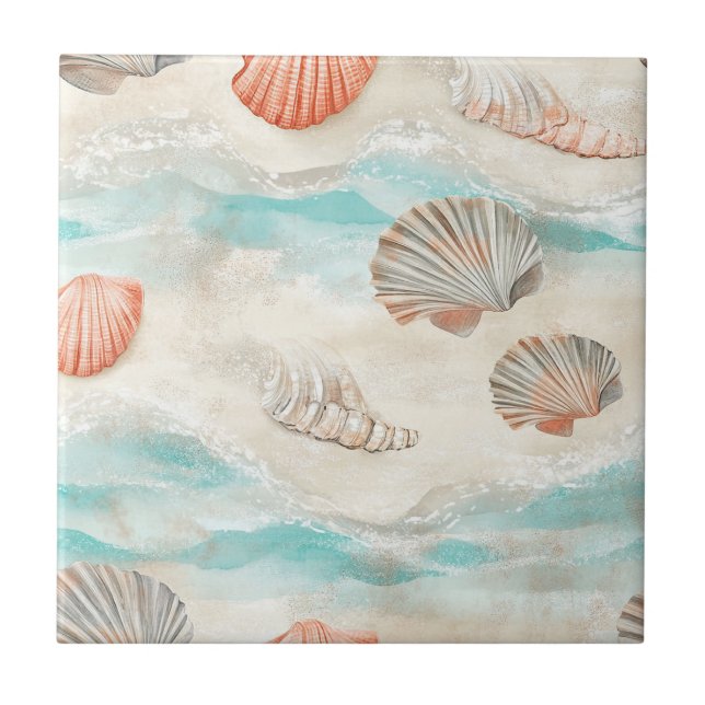 Soft Aqua and Coral Seashells with Starfish Detail Tile (Front)